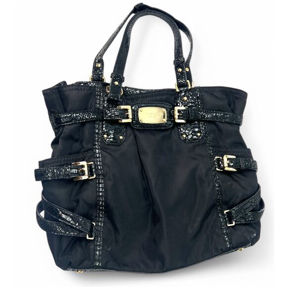 Michael Kors Bag Gansevoort Bag Purse Tote Black Nylon Handbag Python Women's MK - Picture 1 of 5